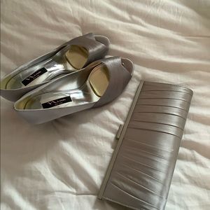 Gray satin heels and bag